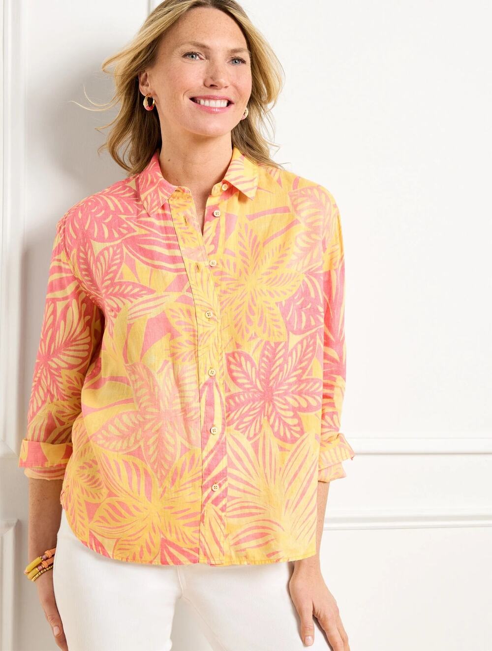 New Talbots Linen Floral Top Yellow Orange Collared Button Long Sleeve Shirt 1X